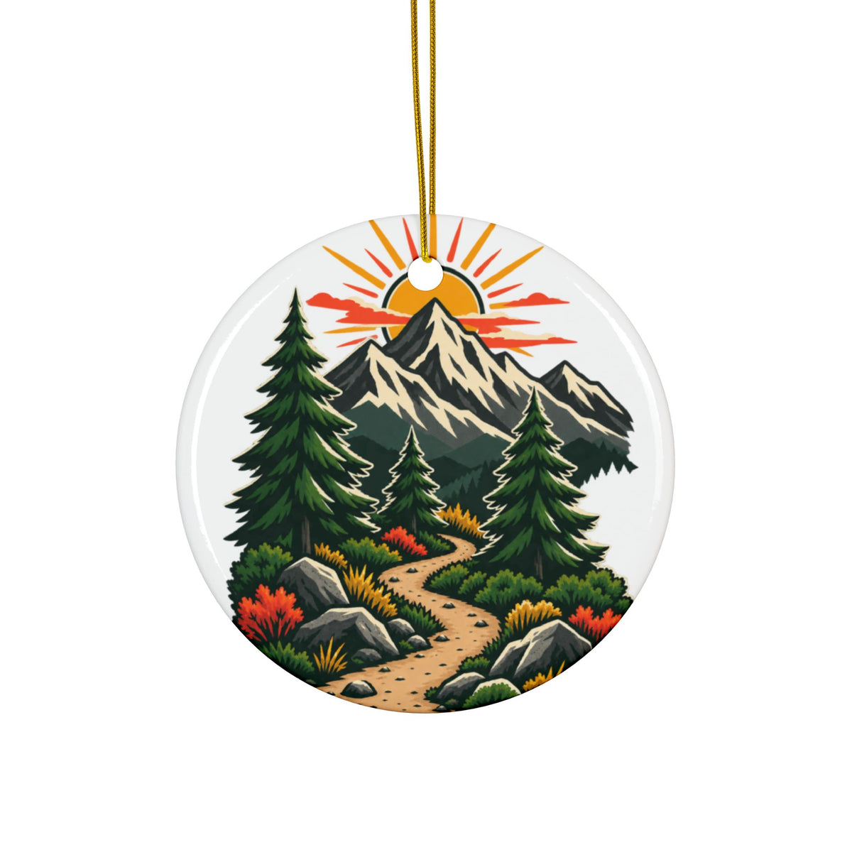 Sunrise Mountain Trail Outdoor Adventure Ceramic Ornament, Holiday Keepsake and