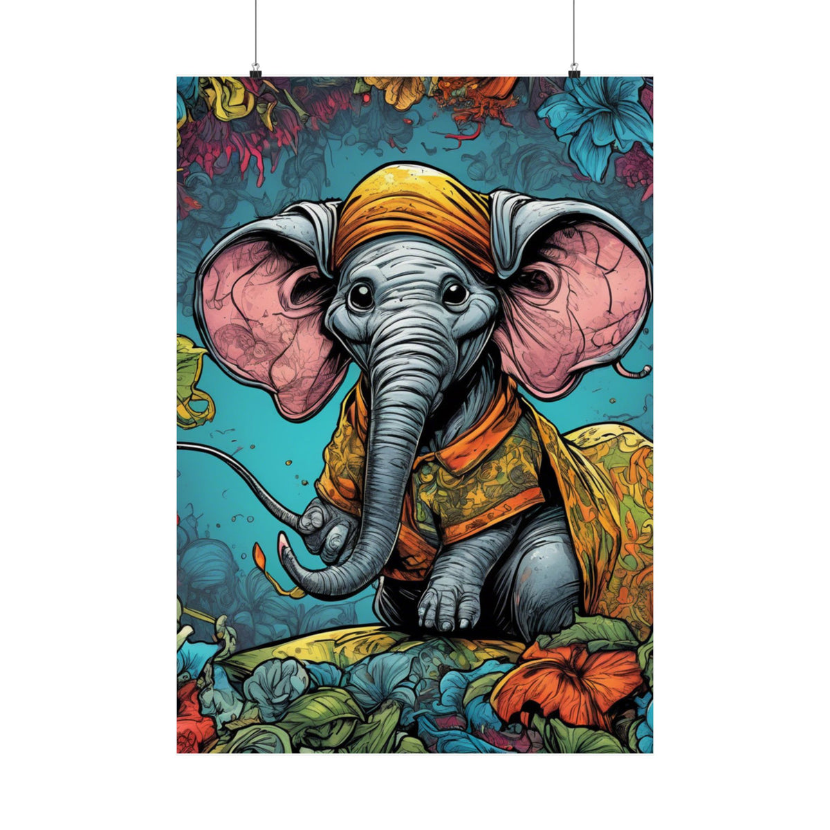 Colorful Storybook Elephant Floral Garden Wall Art Poster
