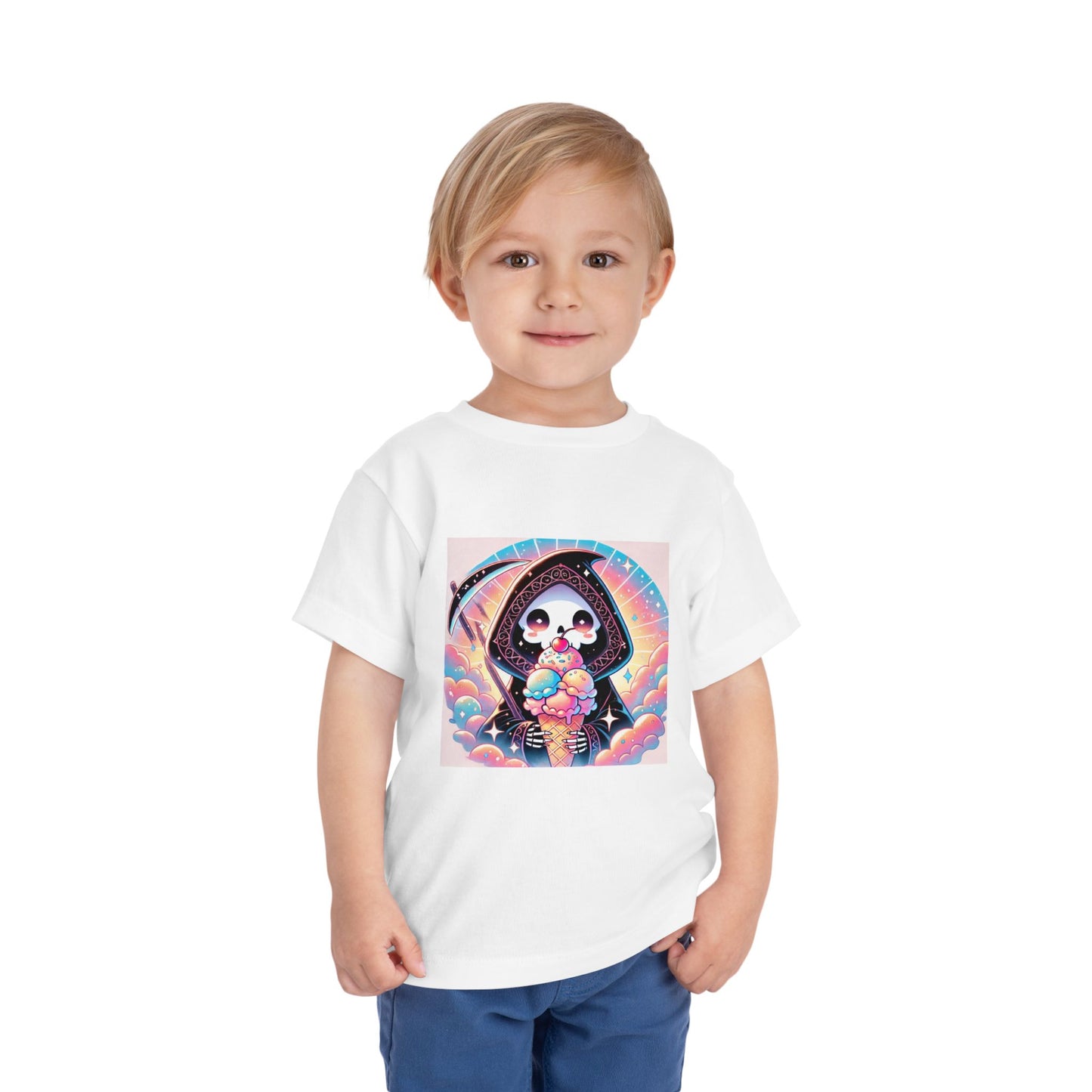 Grim Reaper with Ice Cream Kawaii Anime Toddler Tee - Adorable Short Sleeve Shirt for Kids - Fun & Stylish Gift Idea!