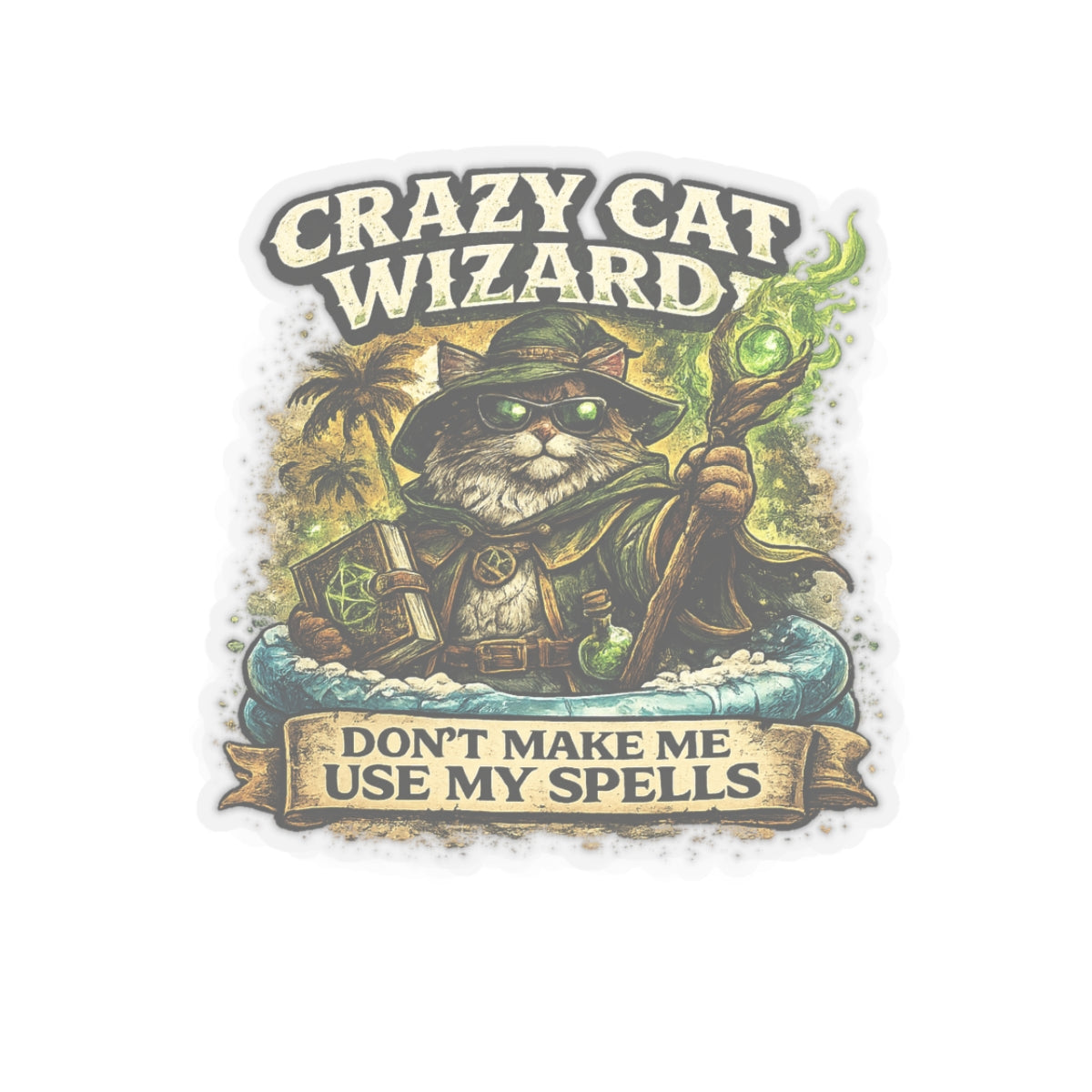 Crazy Cat Wizard Funny Fantasy Magic Sticker