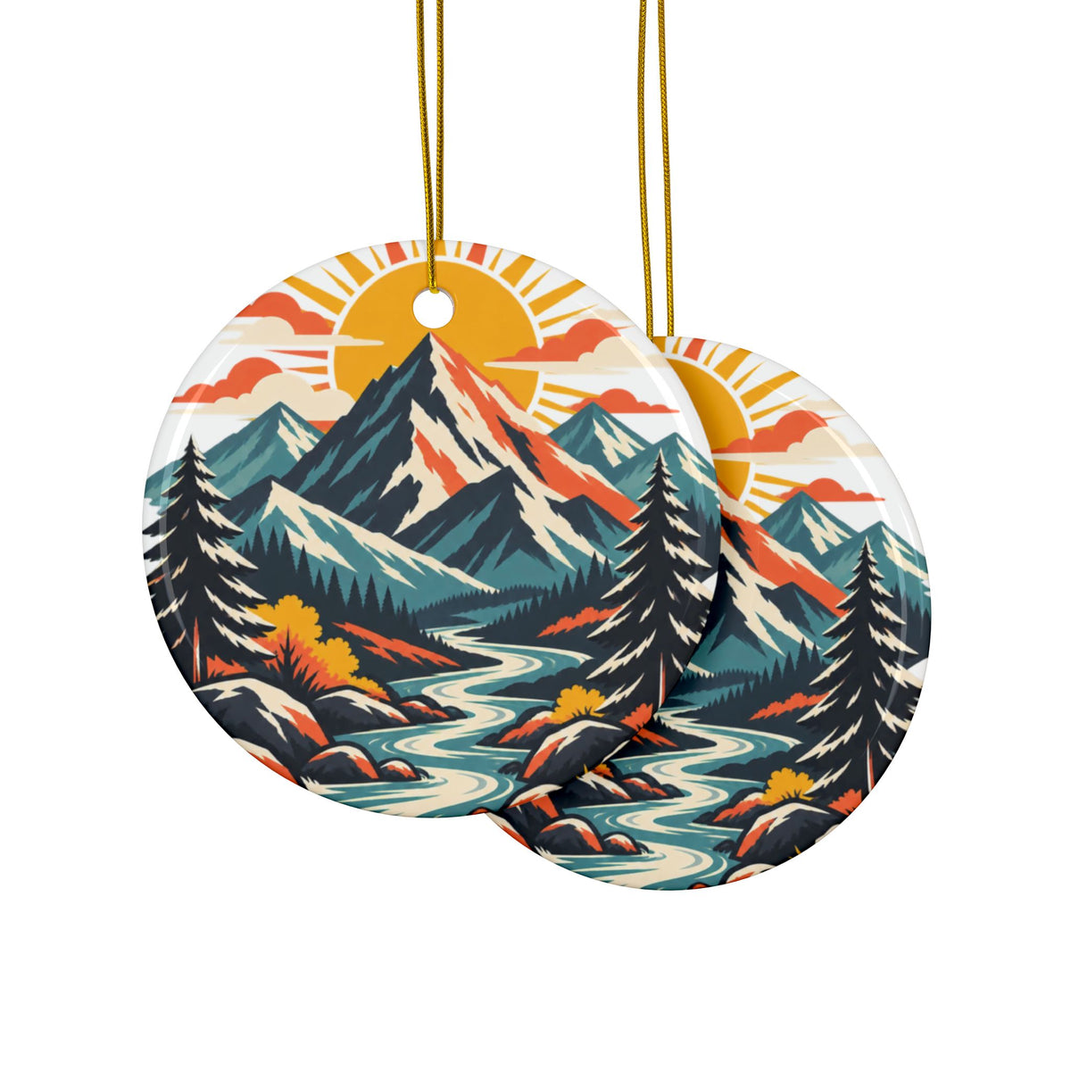 Alpine Sunrise River Mountain Adventure Art Ceramic Ornament, Holiday Keepsake a