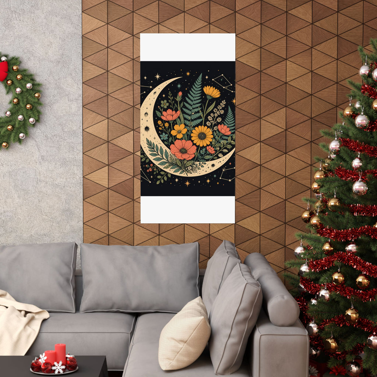 Celestial Wildflower Crescent Moon Botanical Art Poster