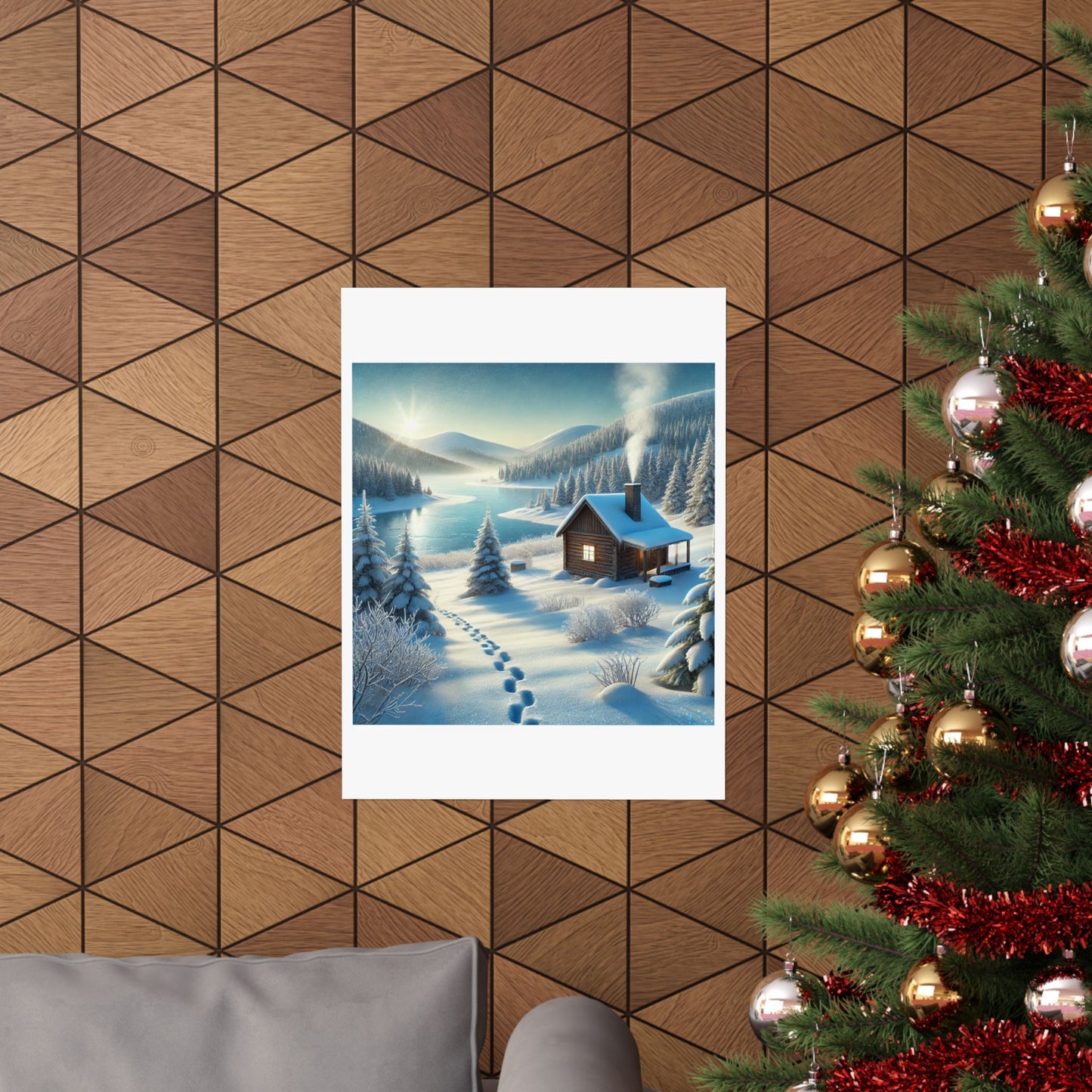 Snowy Cabin Winter Lake Landscape Art Poster