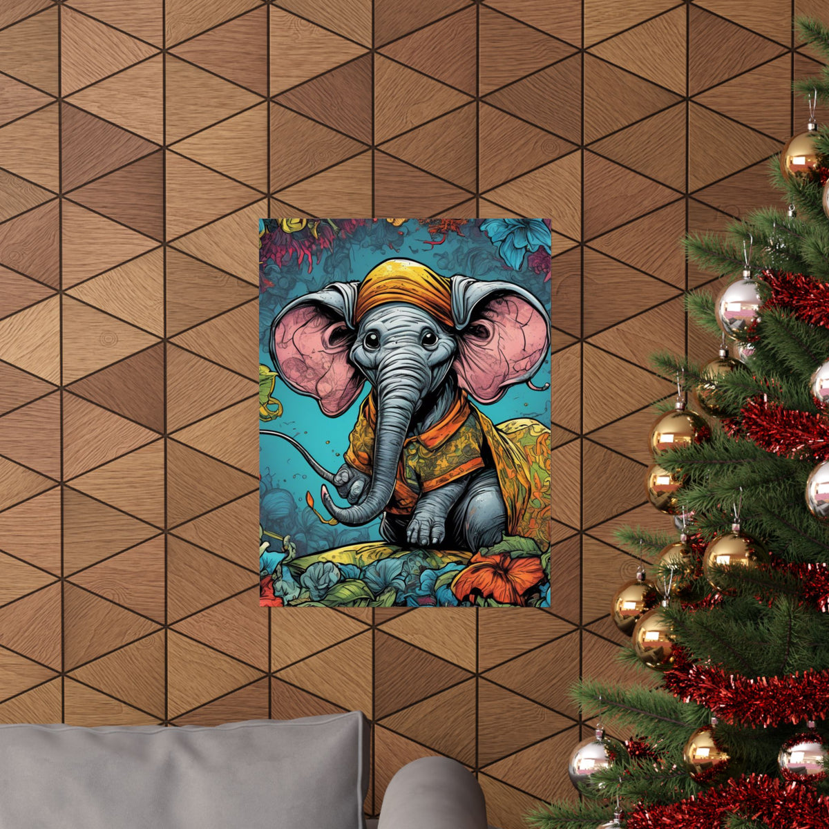 Colorful Storybook Elephant Floral Garden Wall Art Poster