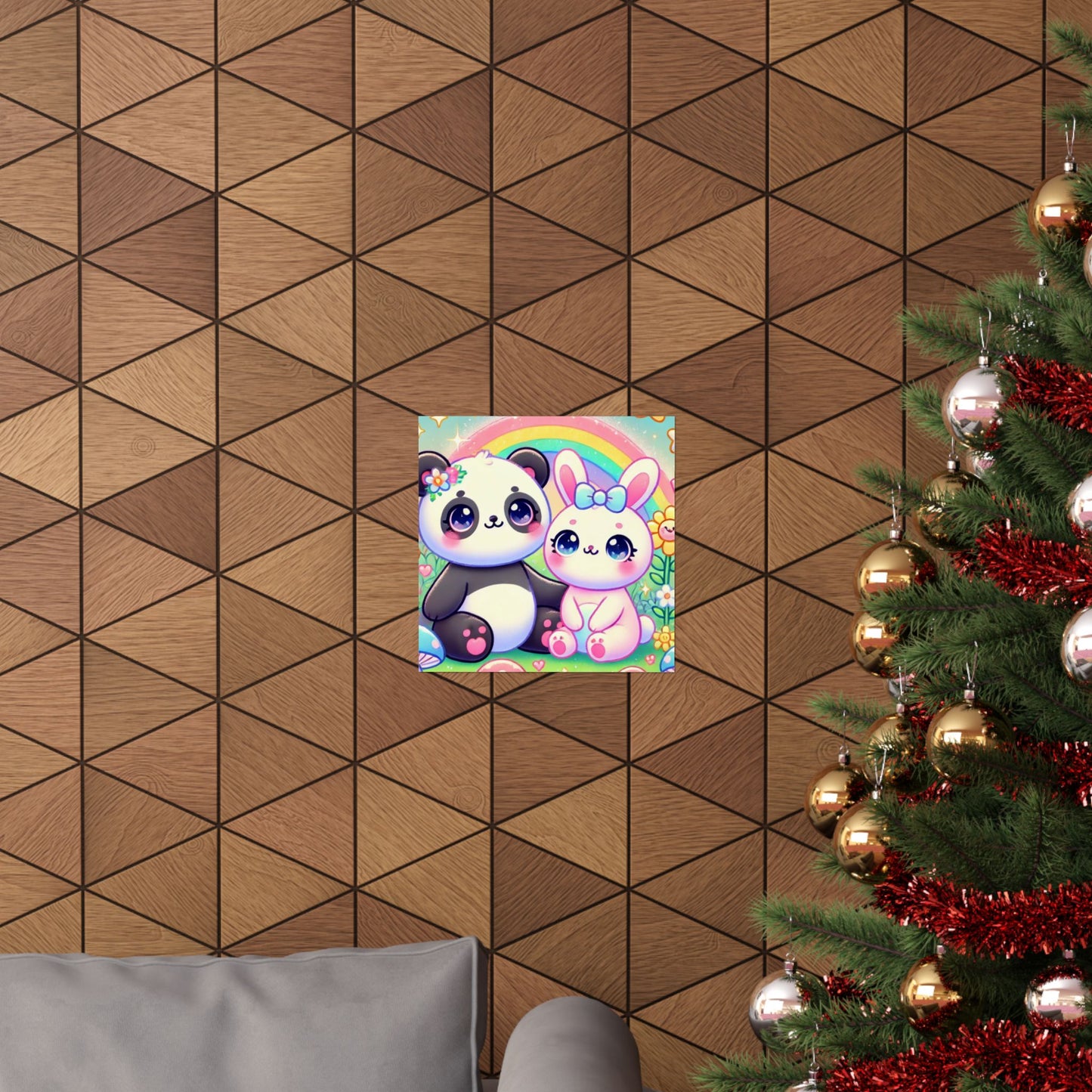 Pastel Panda and Bunny Rainbow Garden Wall Art Poster