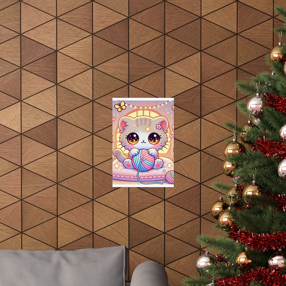 Cozy Kawaii Knitting Cat Pastel Yarn Wall Art Poster