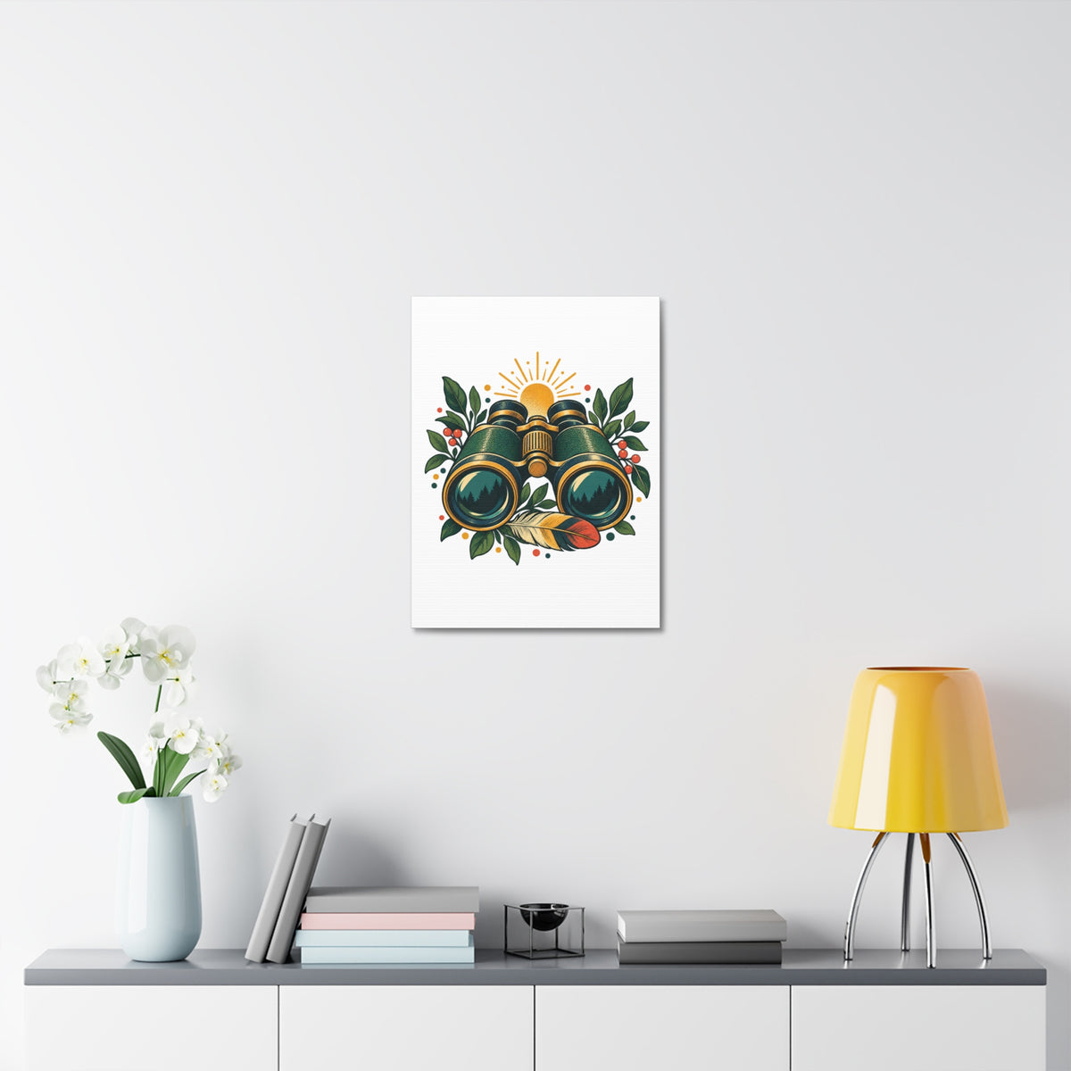 Retro Binoculars and Botanical Birdwatching Art Canvas