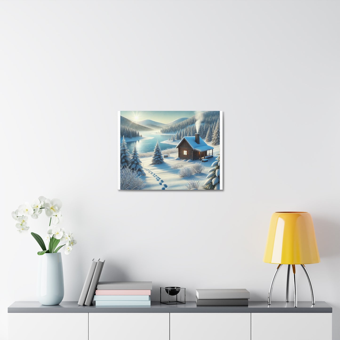 Snowy Cabin Winter Lake Landscape Art Canvas