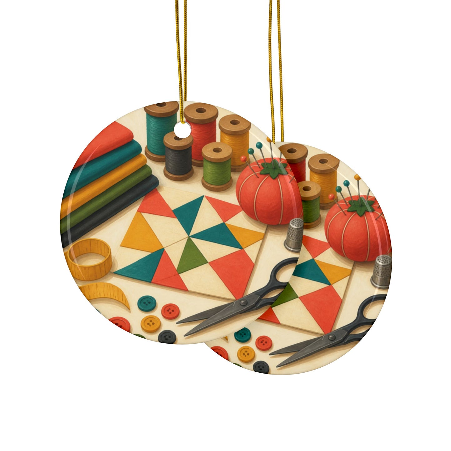 Colorful Sewing and Quilting Hobby Art Ceramic Ornament, Holiday Keepsake and Gi