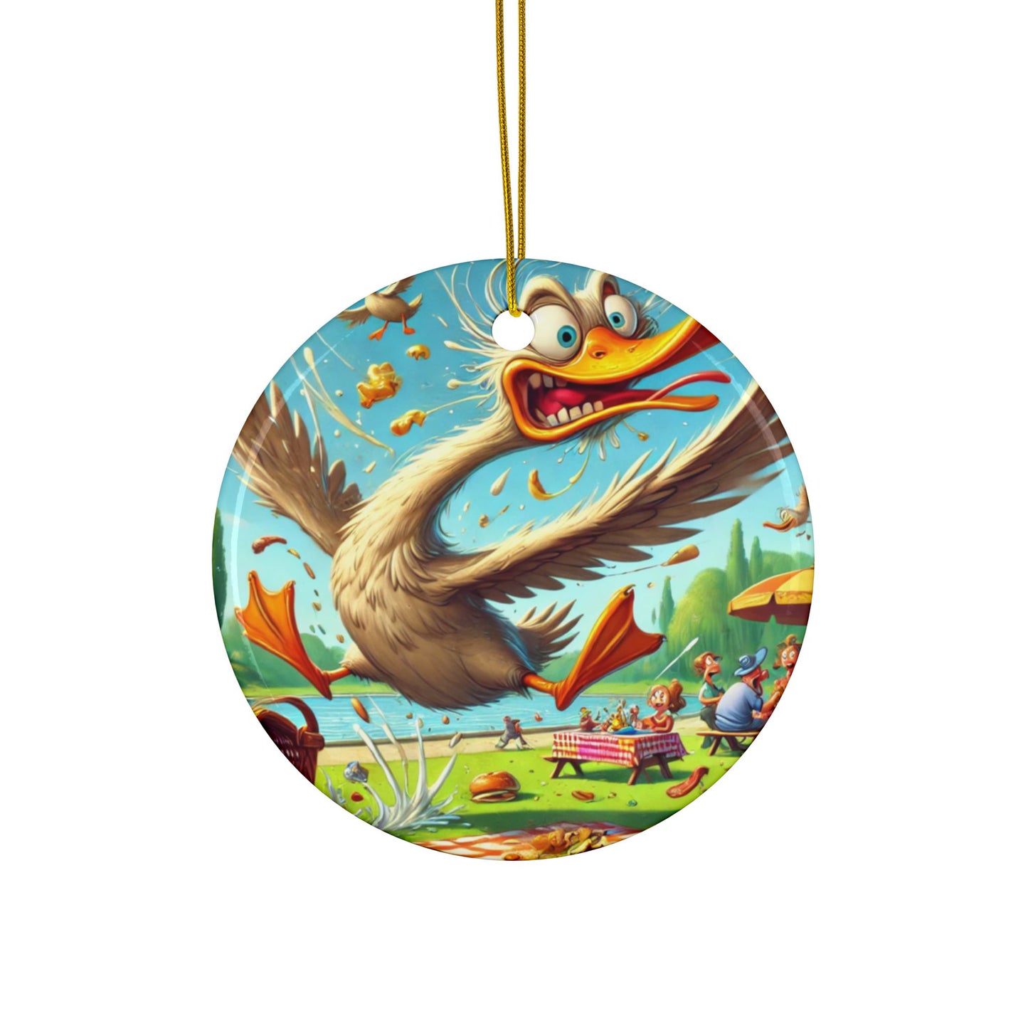 Chaotic Picnic Duck Funny Summer Adventure Art Ceramic Ornament, Holiday Keepsak