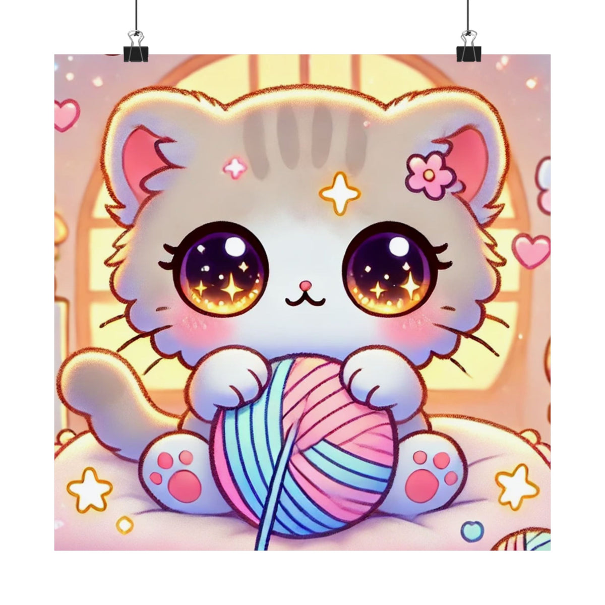 Cozy Kawaii Knitting Cat Pastel Yarn Wall Art Poster