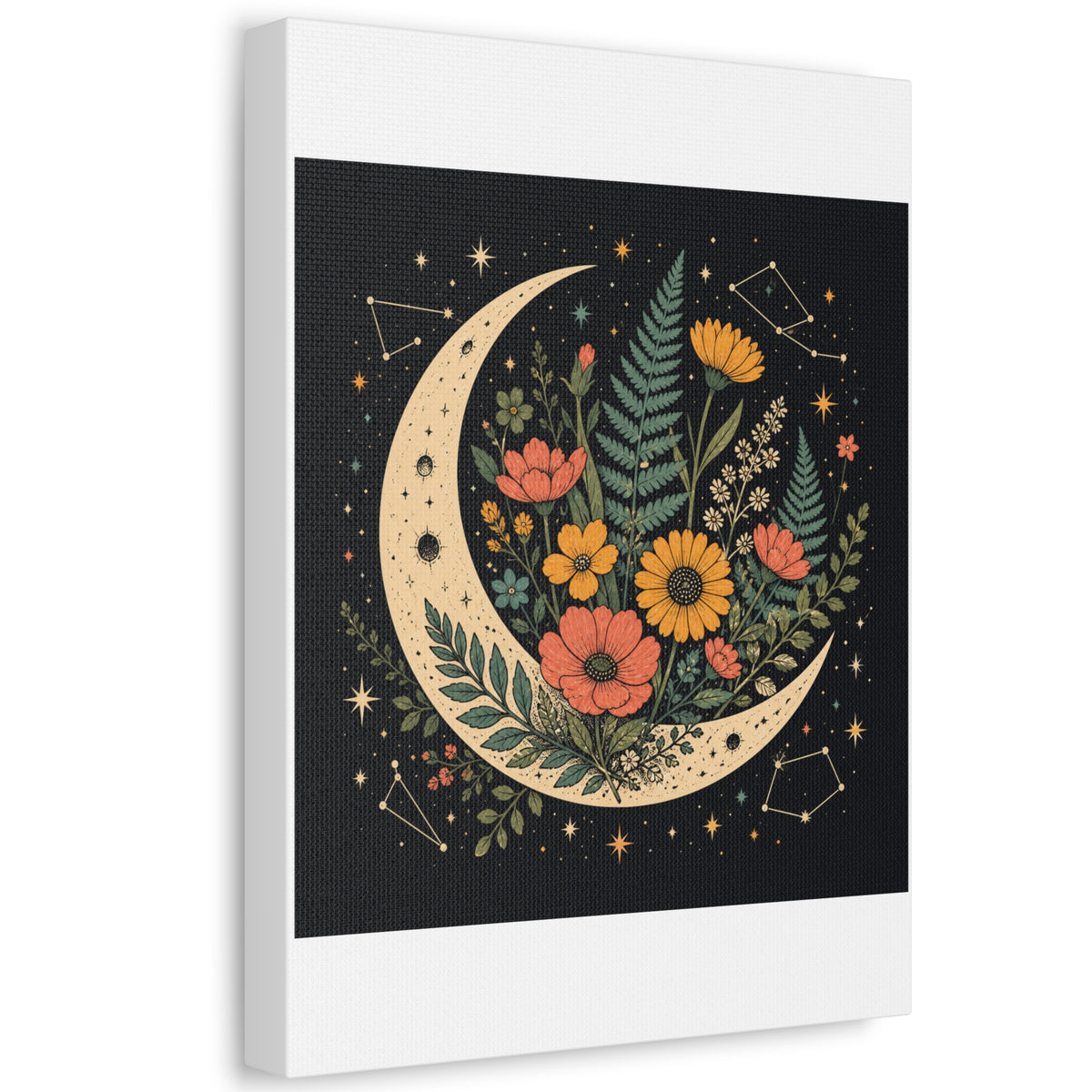 Celestial Wildflower Crescent Moon Botanical Canvas Art