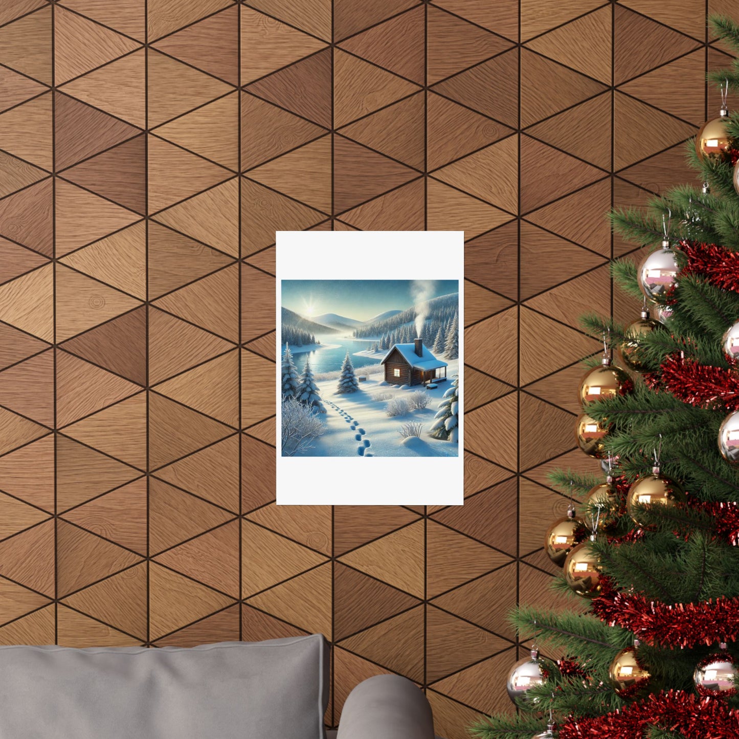 Snowy Cabin Winter Lake Landscape Art Poster