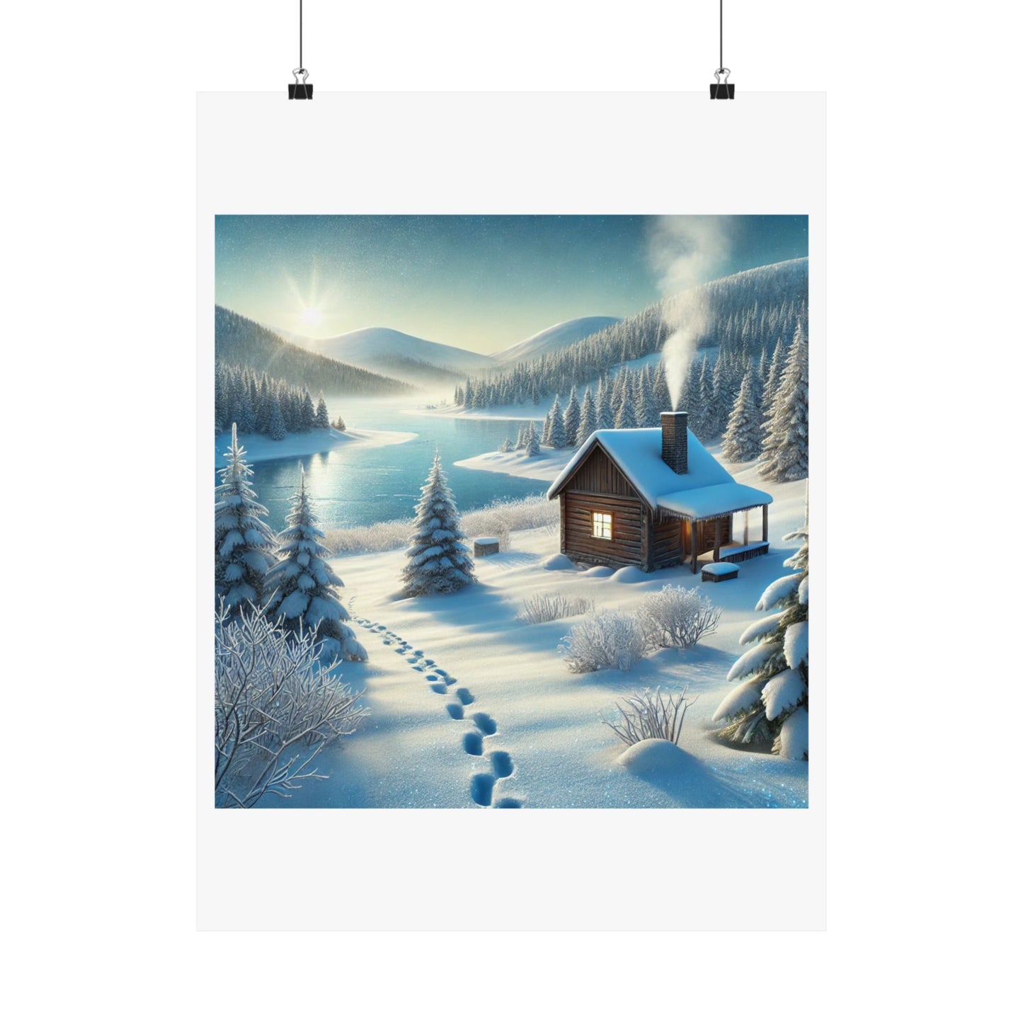 Snowy Cabin Winter Lake Landscape Art Poster