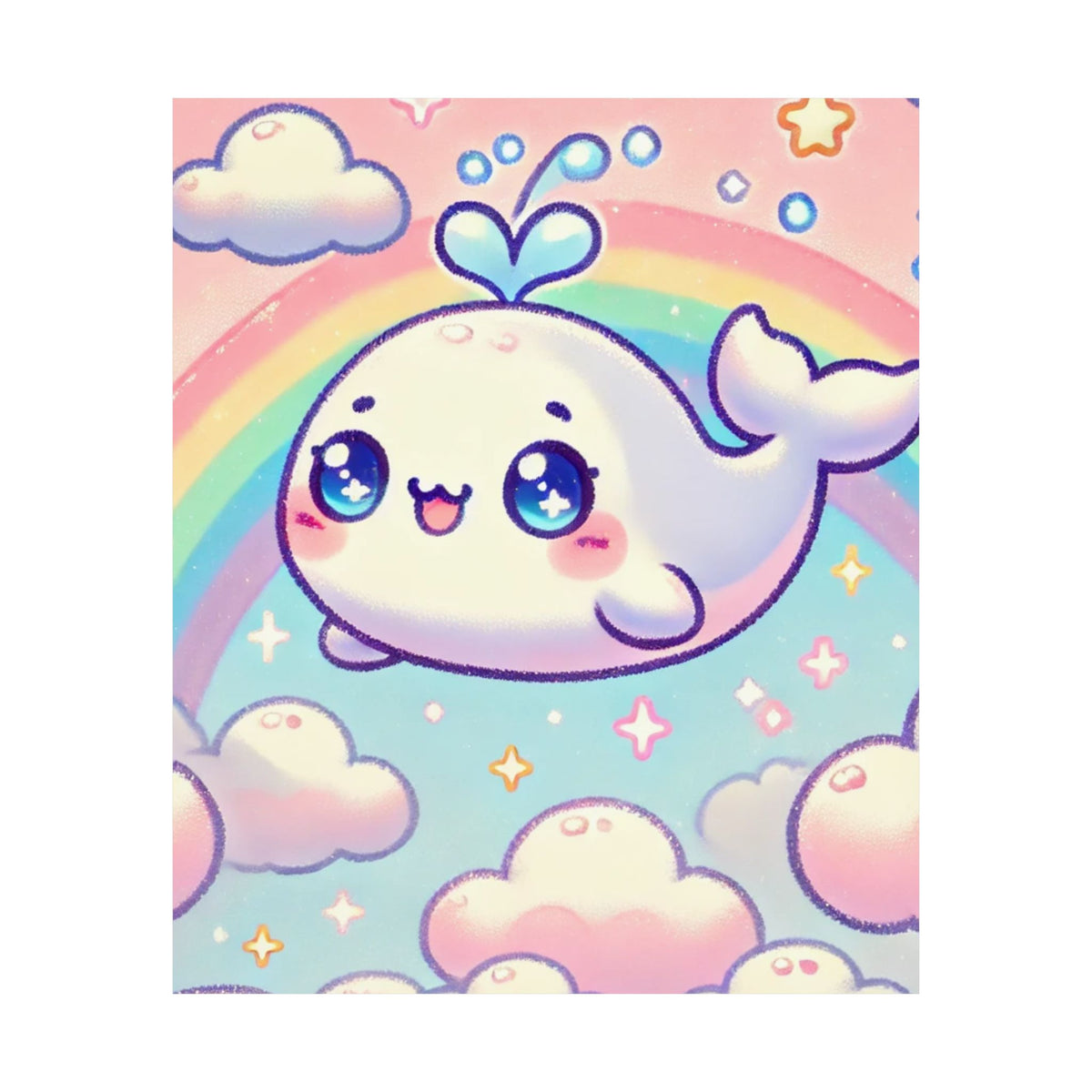Kawaii Rainbow Whale Pastel Cloud Wall Art Poster