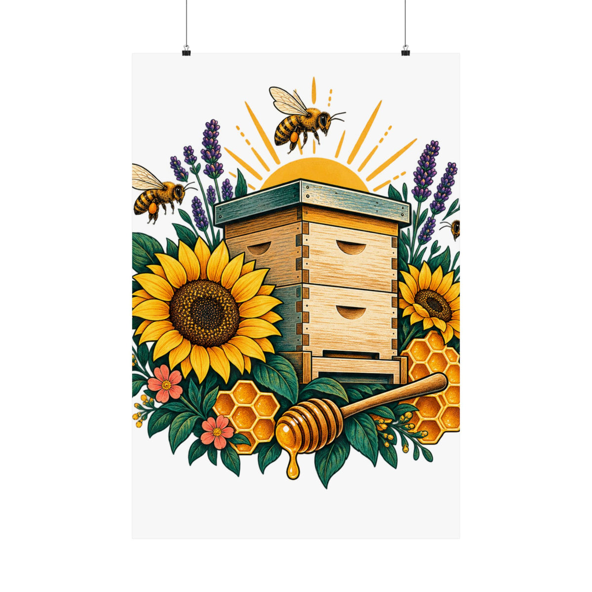 Retro Beehive Sunflowers and Pollinator Garden Art Poster