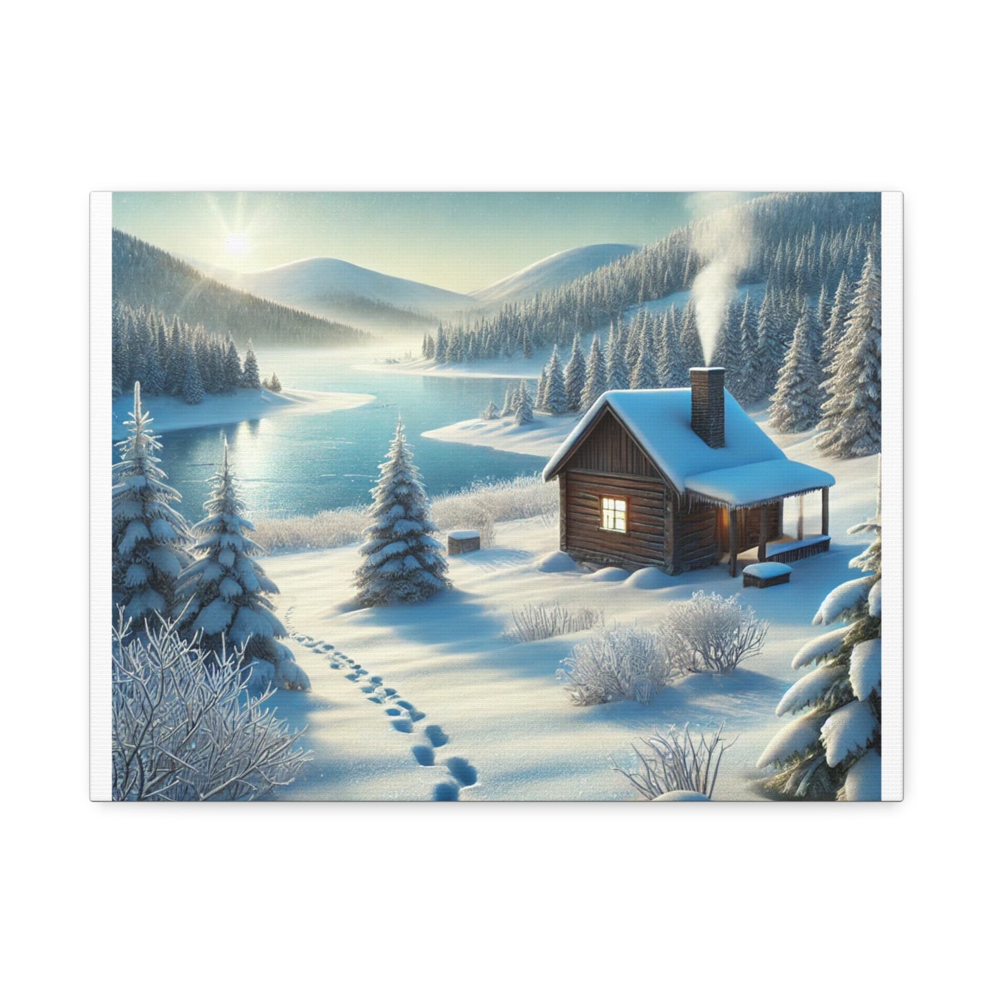 Snowy Cabin Winter Lake Landscape Art Canvas