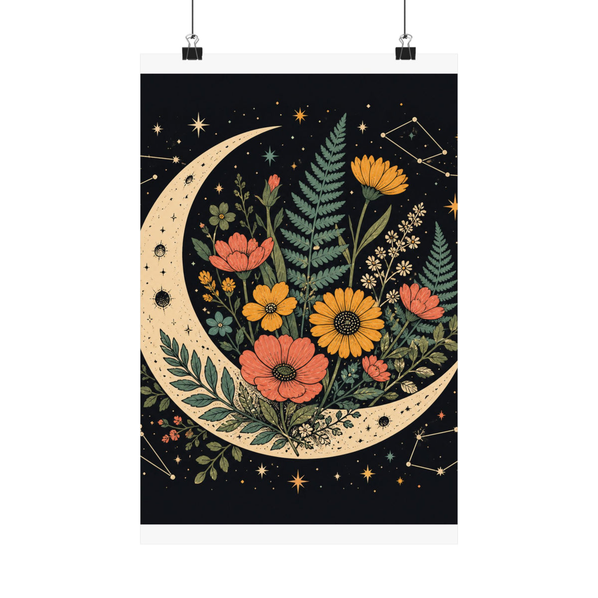 Celestial Wildflower Crescent Moon Botanical Art Poster