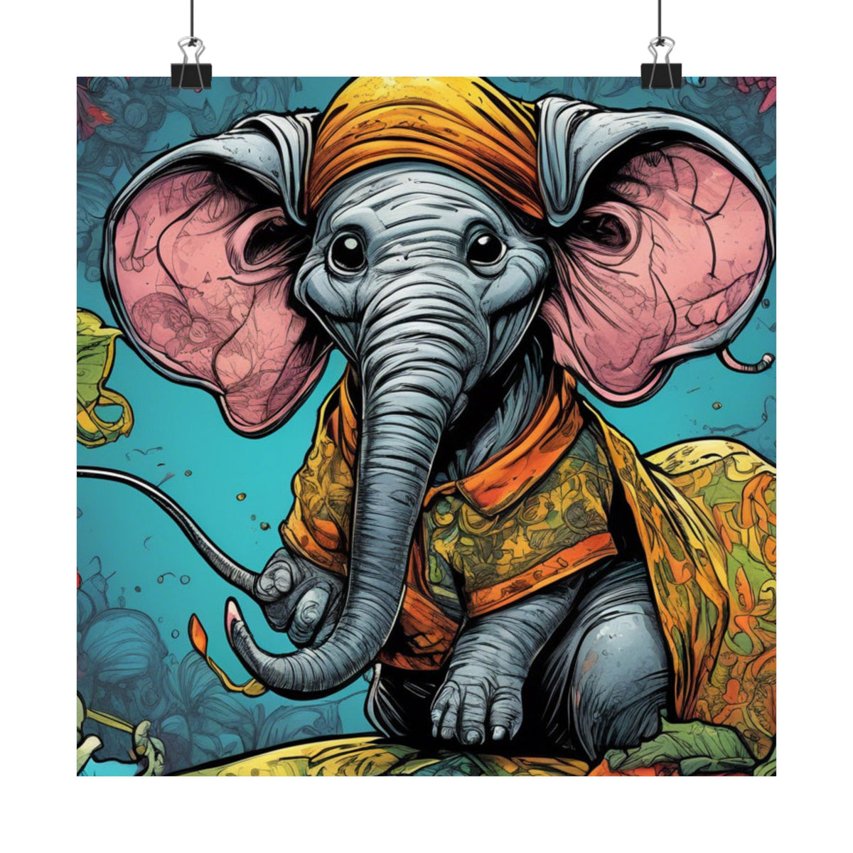 Colorful Storybook Elephant Floral Garden Wall Art Poster