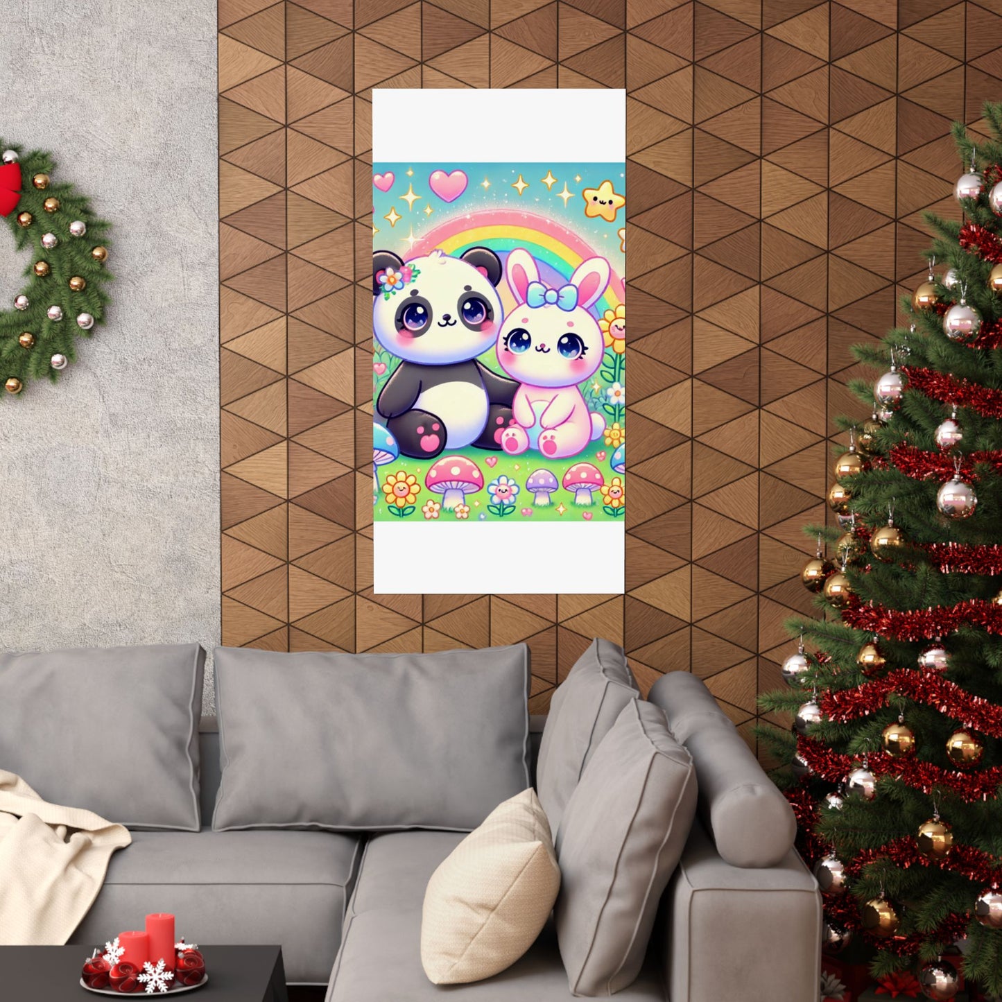 Pastel Panda and Bunny Rainbow Garden Wall Art Poster