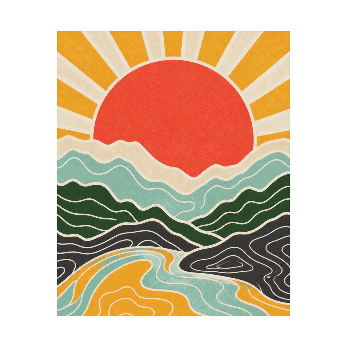 Topographic Sunrise Mid Century Mountain Art Poster