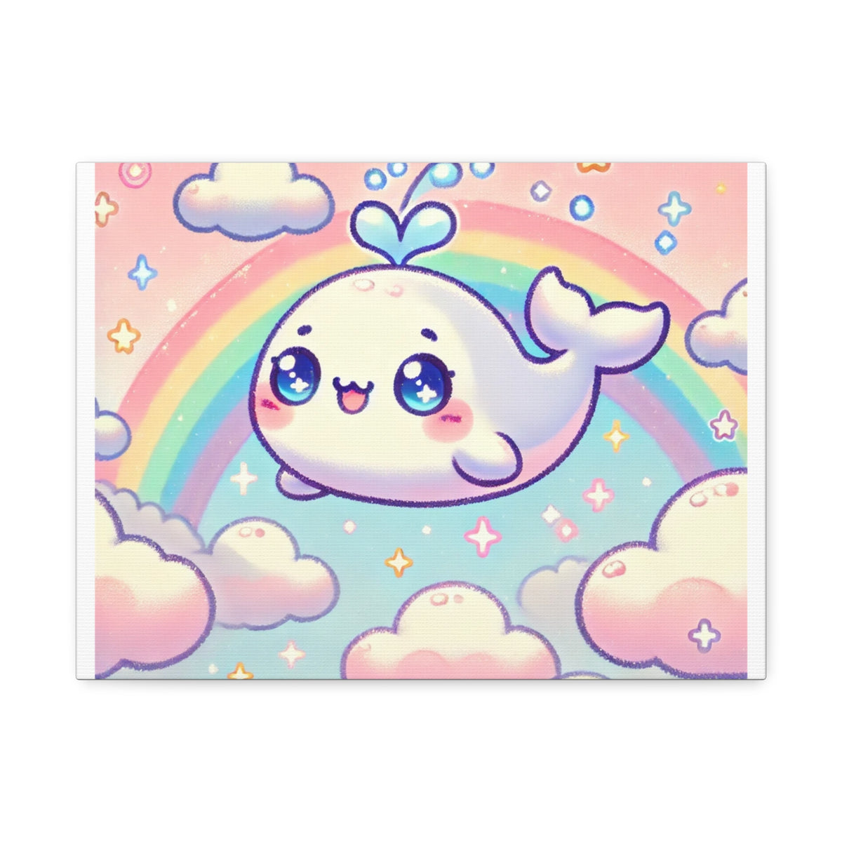 Kawaii Rainbow Whale Pastel Cloud Canvas Wall Art