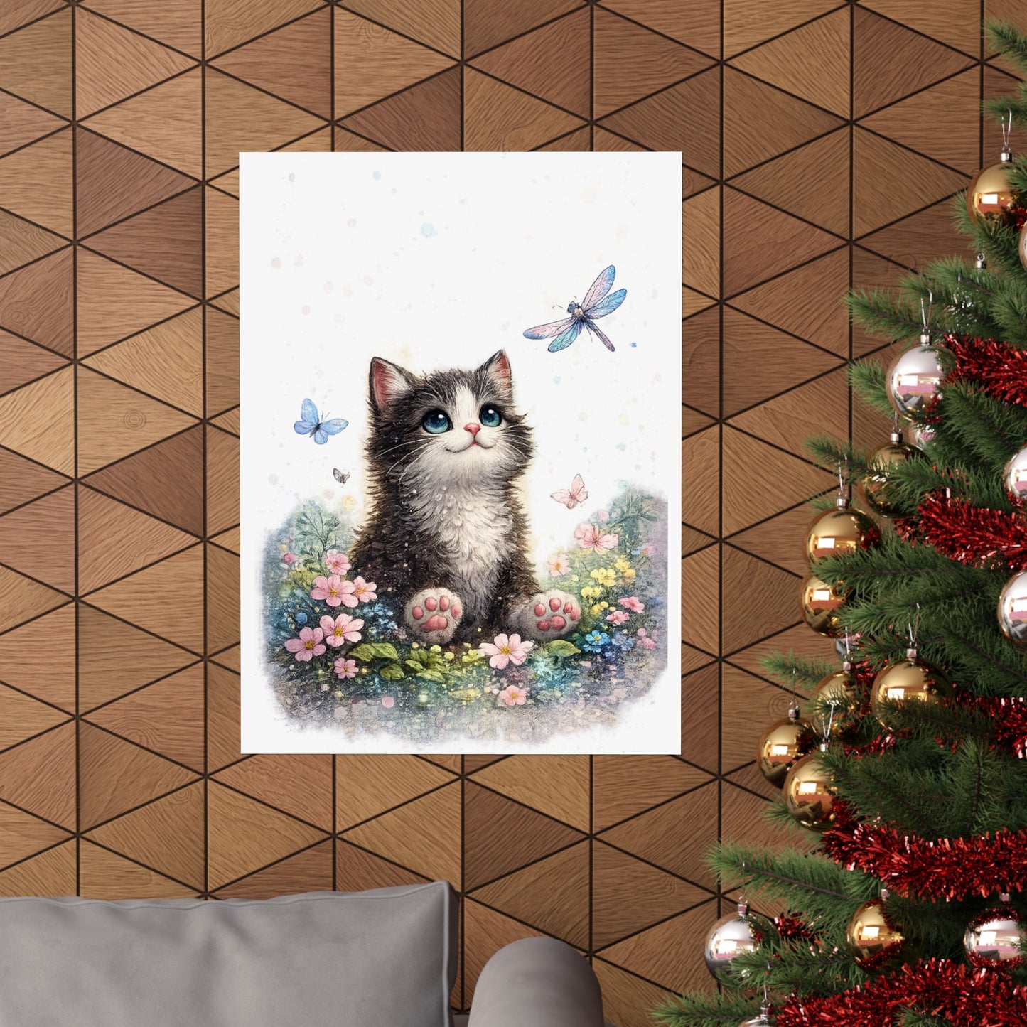 Whimsical Kitten Butterfly Garden Art Poster
