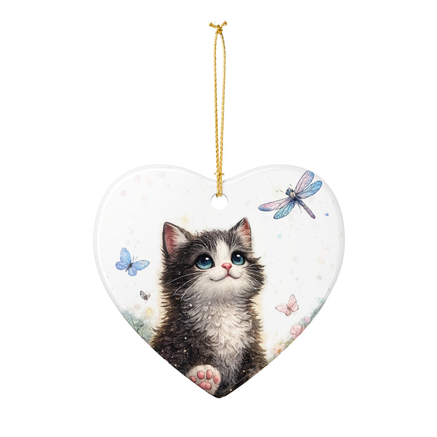 Whimsical Kitten Butterfly Garden Art Ceramic Ornament, Holiday Keepsake and Gif