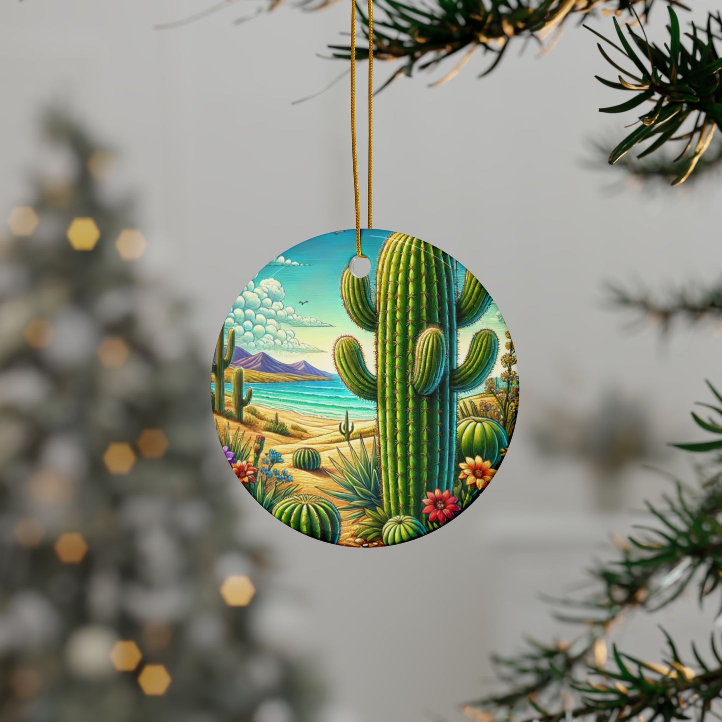 Desert Cactus Bloom Garden Ceramic Ornament, Holiday Keepsake and Gift