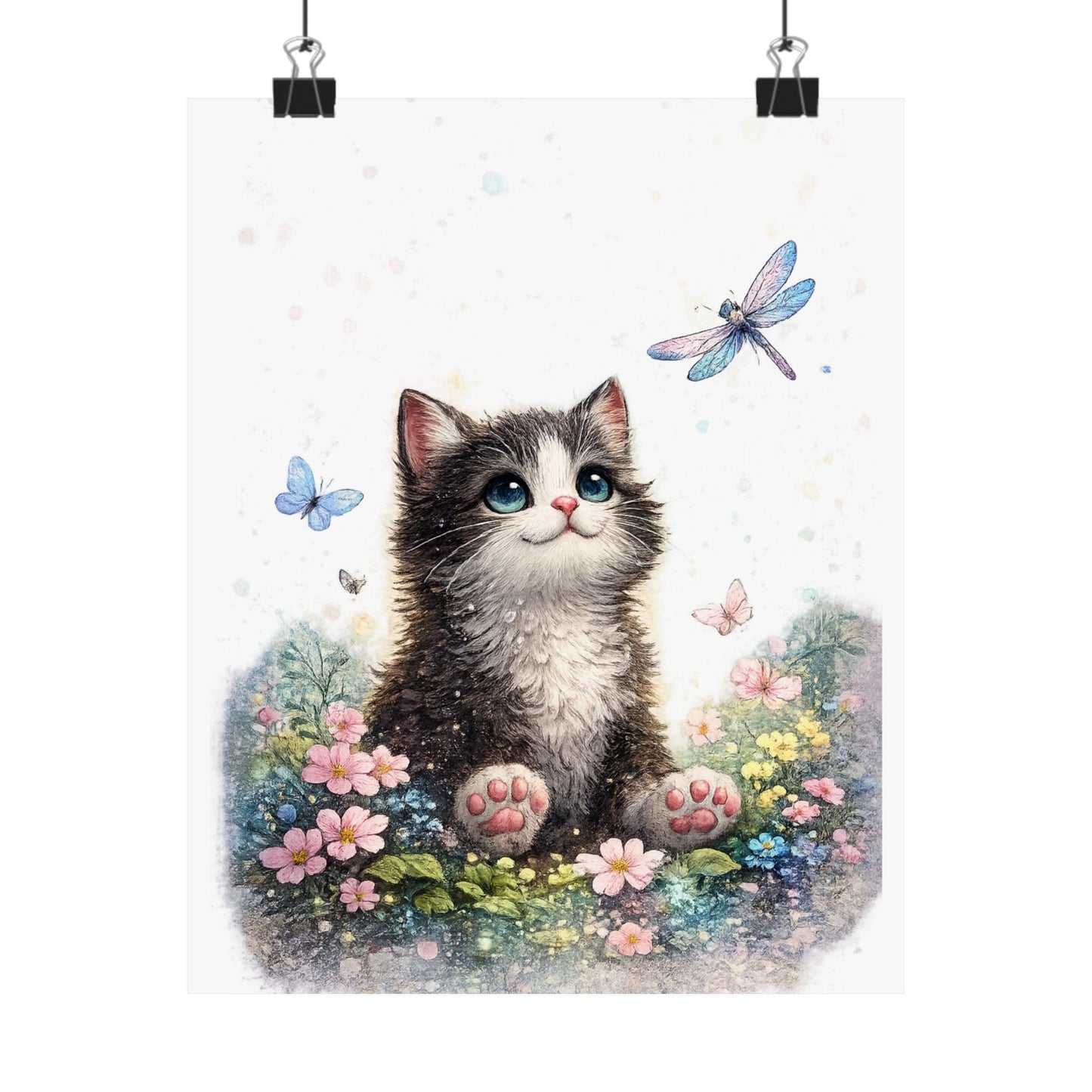Whimsical Kitten Butterfly Garden Art Poster
