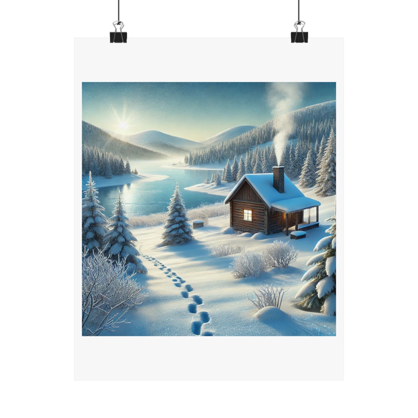 Snowy Cabin Winter Lake Landscape Art Poster