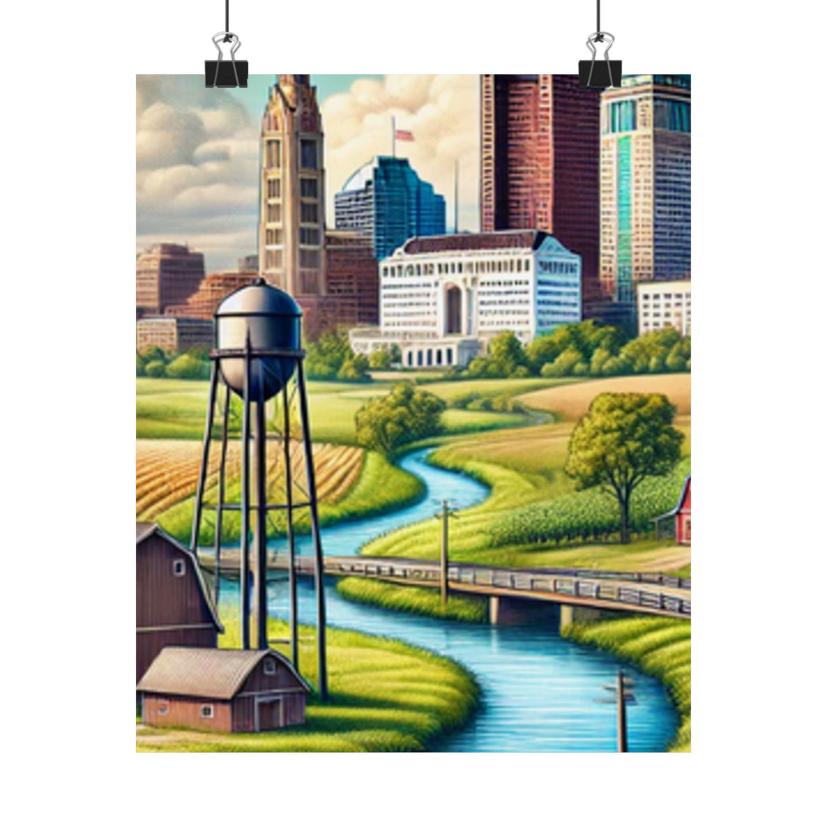 Rural River City Skyline Hometown Landscape Poster Art