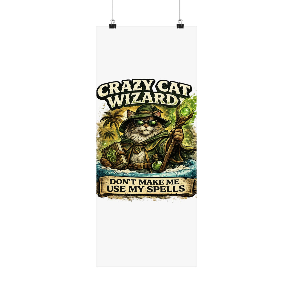 Crazy Cat Wizard Funny Fantasy Magic Art Poster
