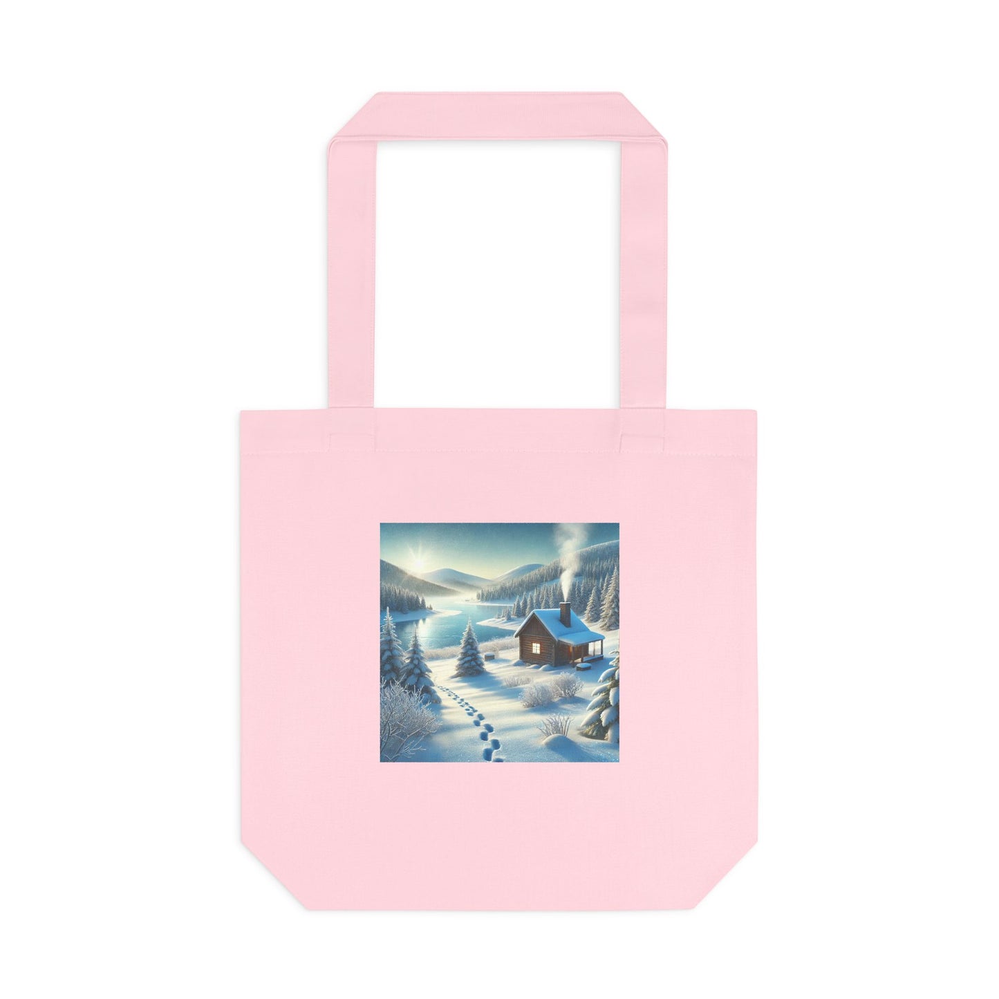 Snowy Cabin Winter Lake Landscape Art Tote Bag