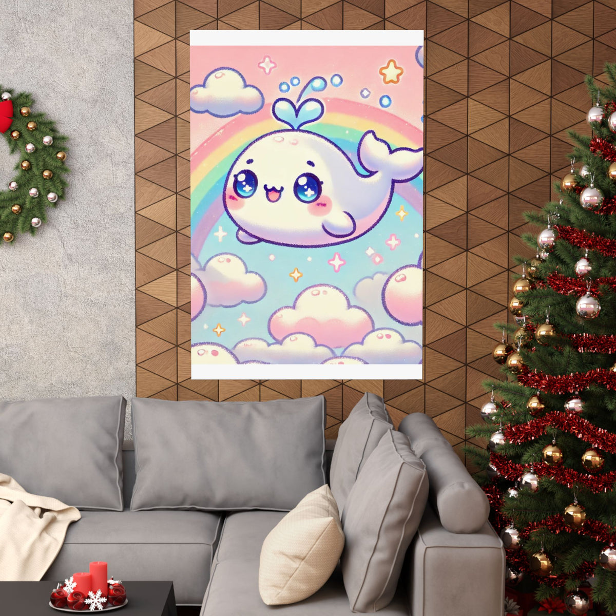 Kawaii Rainbow Whale Pastel Cloud Wall Art Poster