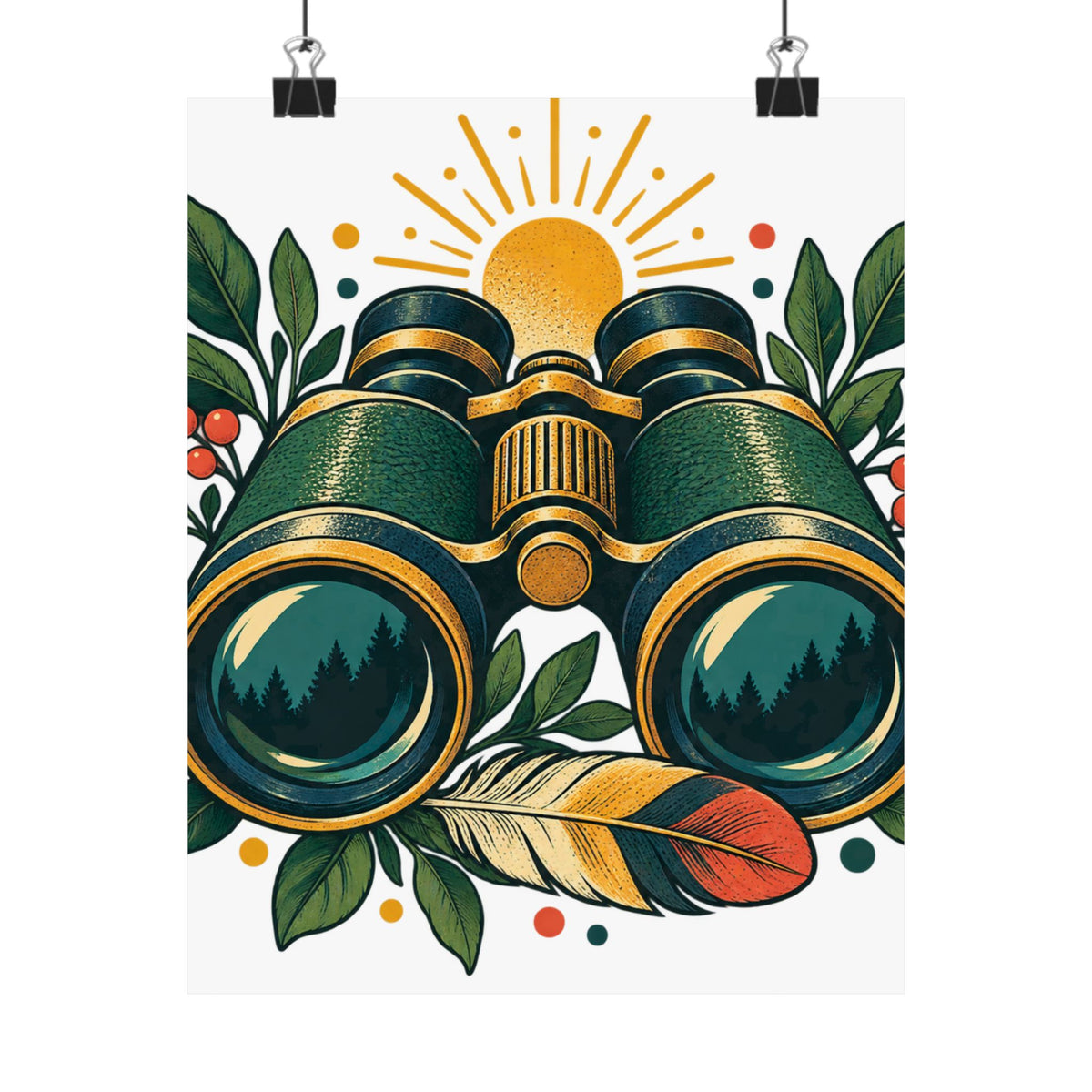 Retro Binoculars and Botanical Birdwatching Art Poster
