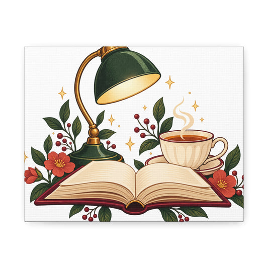Cozy Book Lamp and Botanical Reading Art Canvas