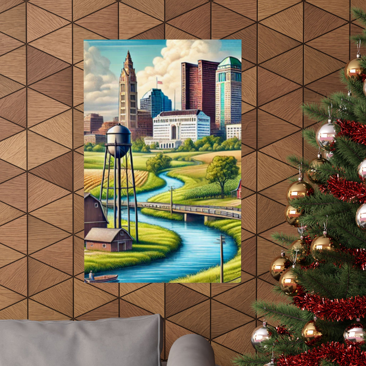 Rural River City Skyline Hometown Landscape Poster Art