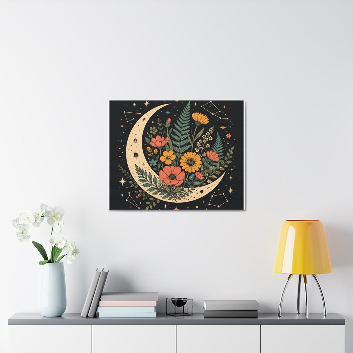 Celestial Wildflower Crescent Moon Botanical Canvas Art