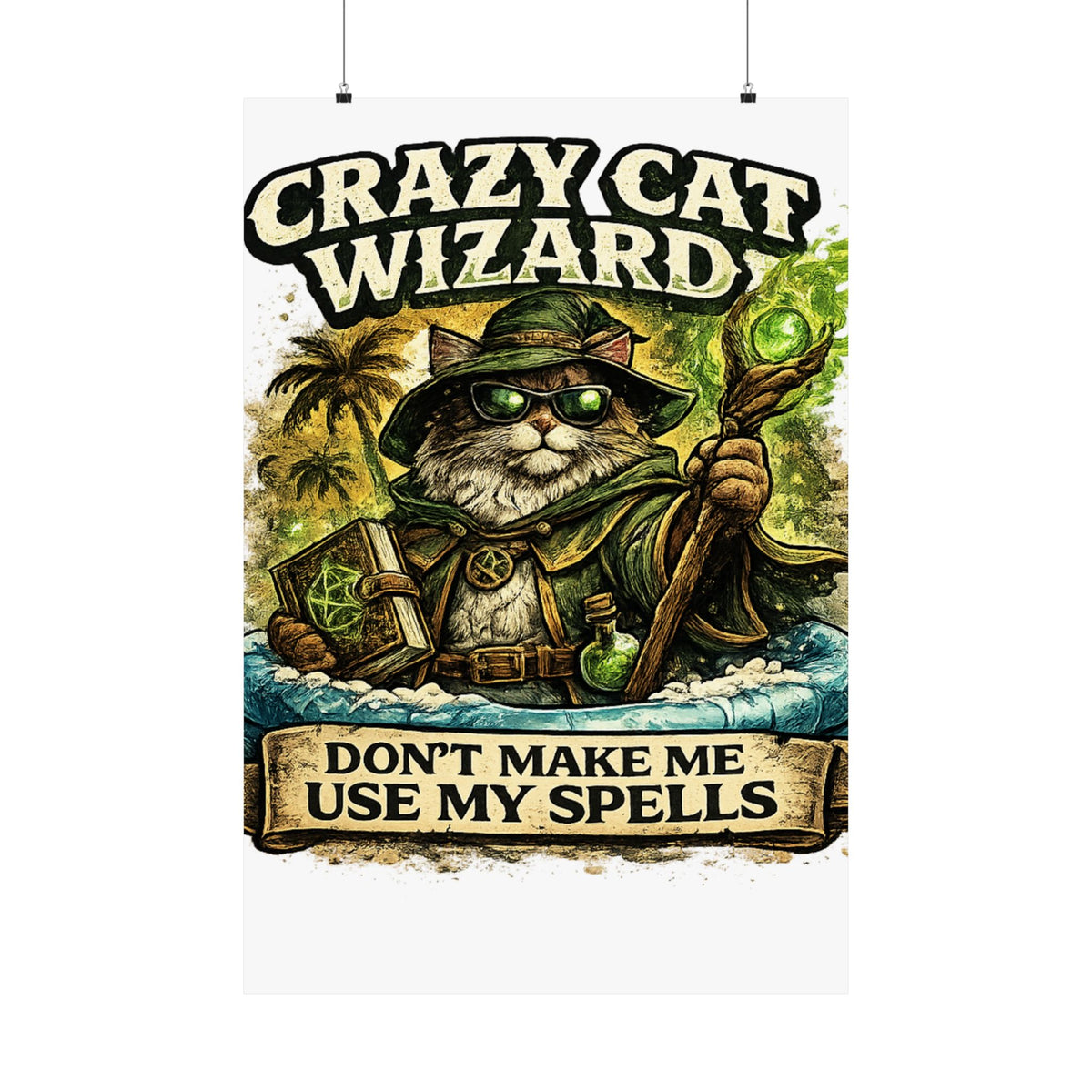 Crazy Cat Wizard Funny Fantasy Magic Art Poster