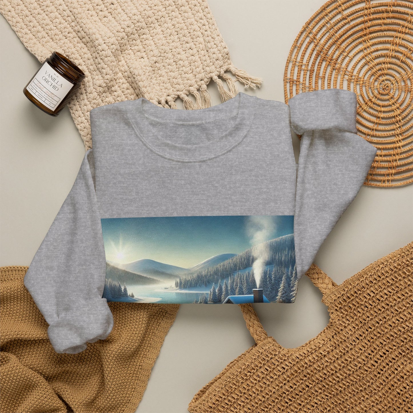 Snowy Cabin Winter Lake Landscape Art Sweatshirt