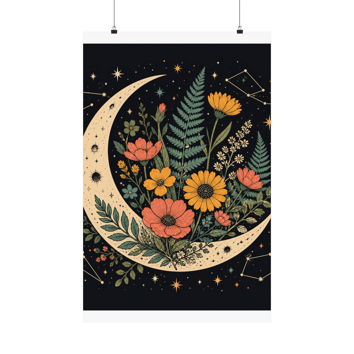 Celestial Wildflower Crescent Moon Botanical Art Poster
