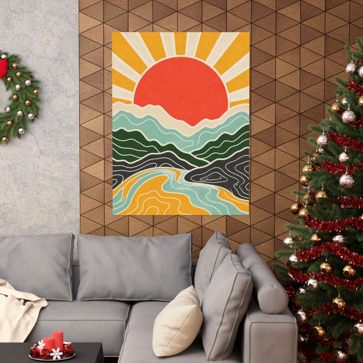 Topographic Sunrise Mid Century Mountain Art Poster