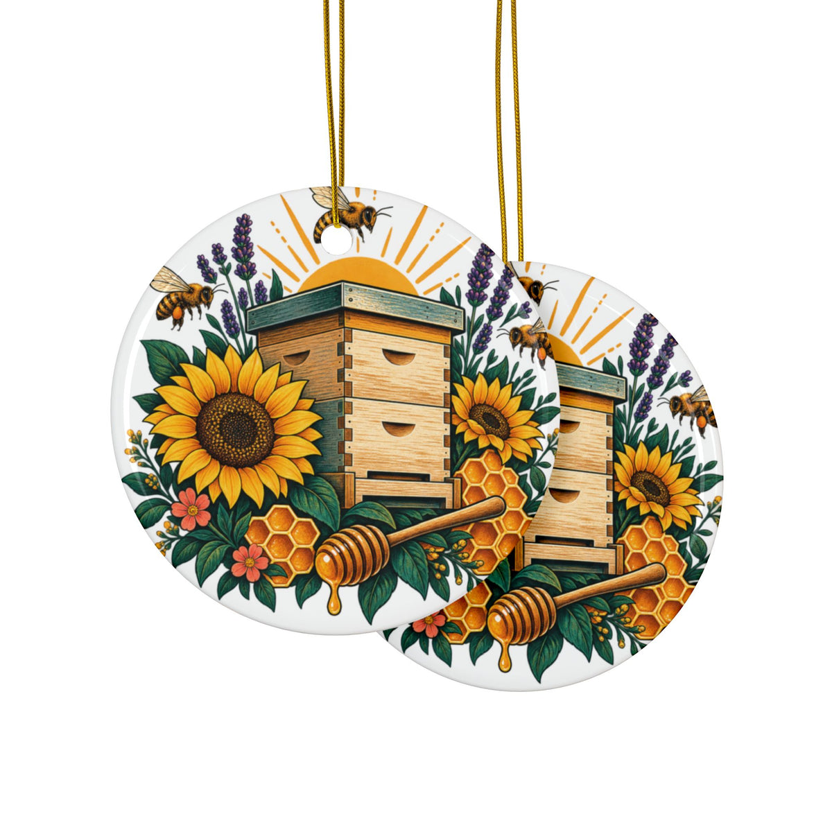 Retro Beehive Sunflowers and Pollinator Garden Art Ceramic Ornament, Holiday Kee