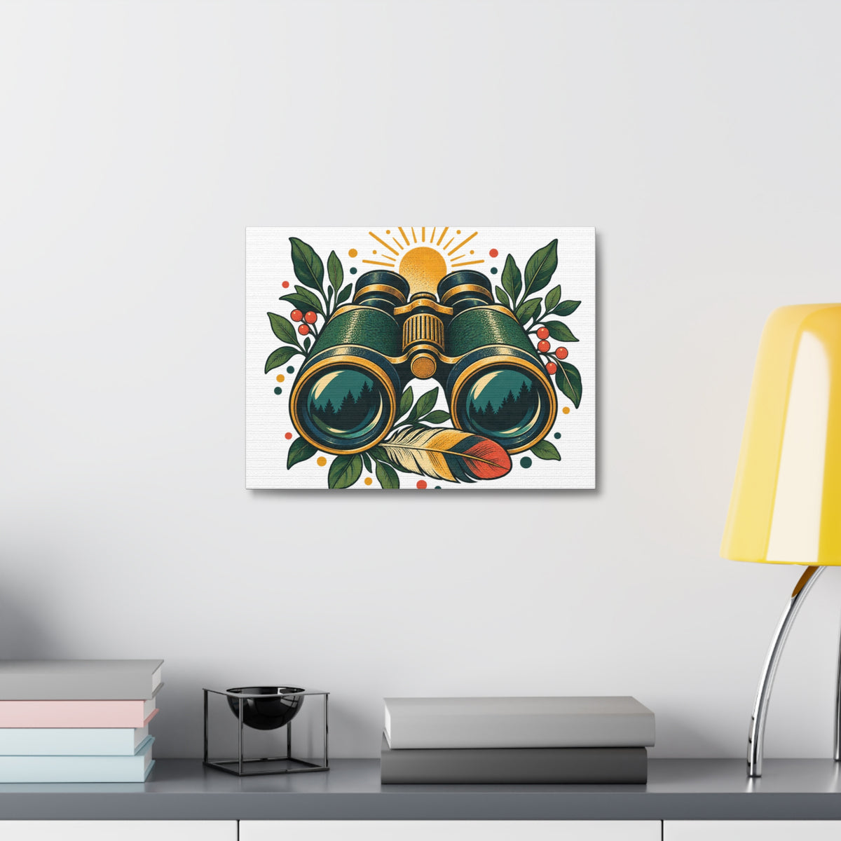 Retro Binoculars and Botanical Birdwatching Art Canvas