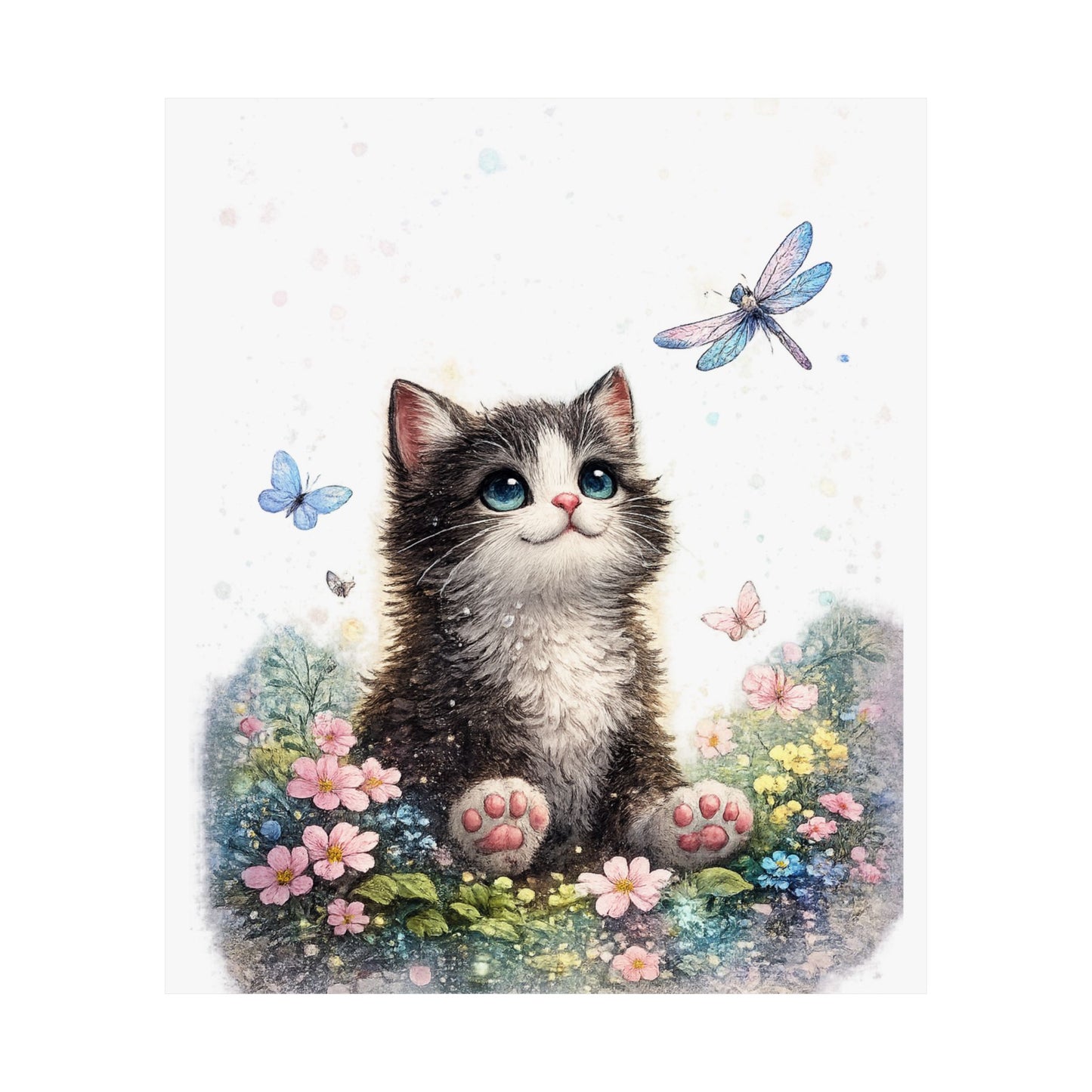 Whimsical Kitten Butterfly Garden Art Poster