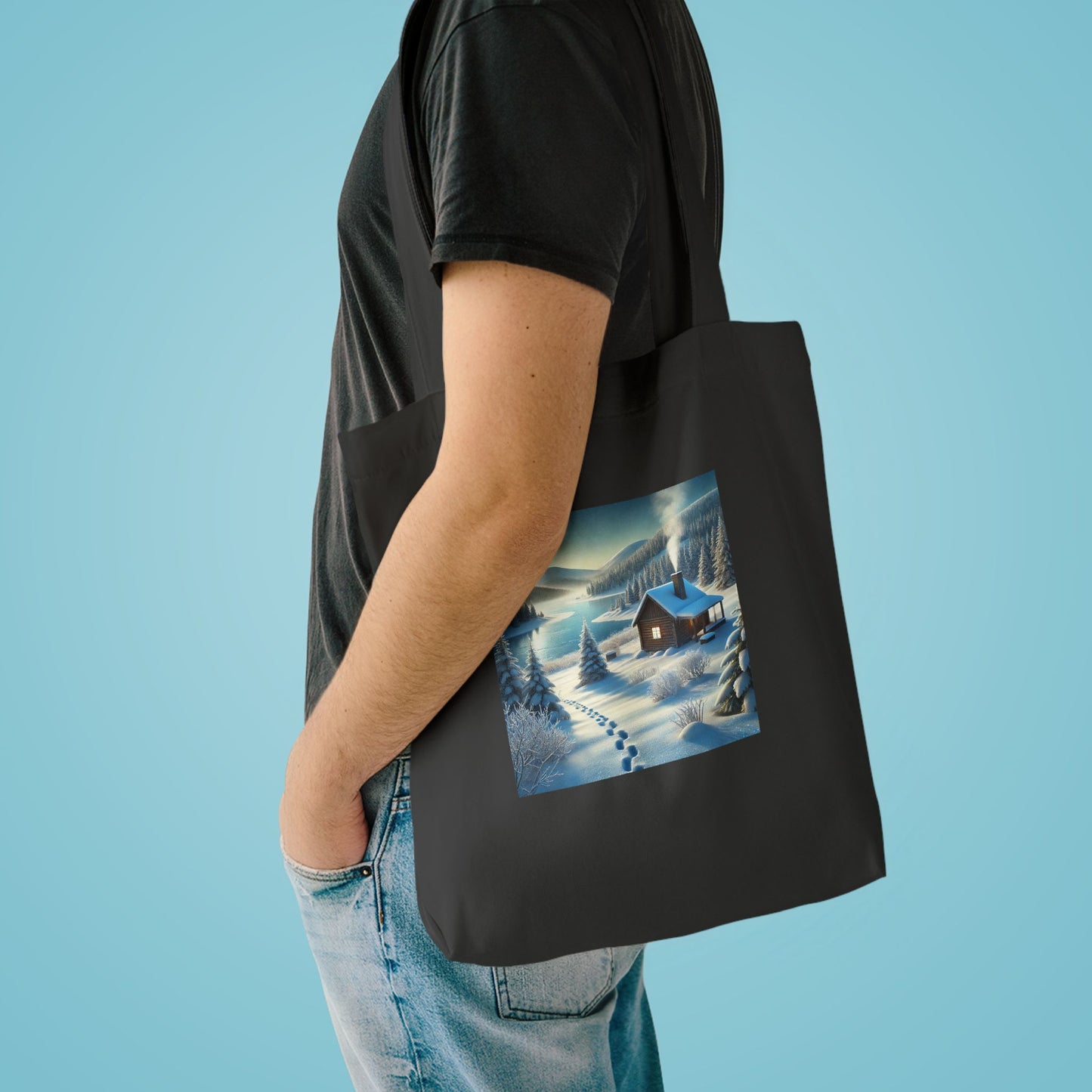 Snowy Cabin Winter Lake Landscape Art Tote Bag