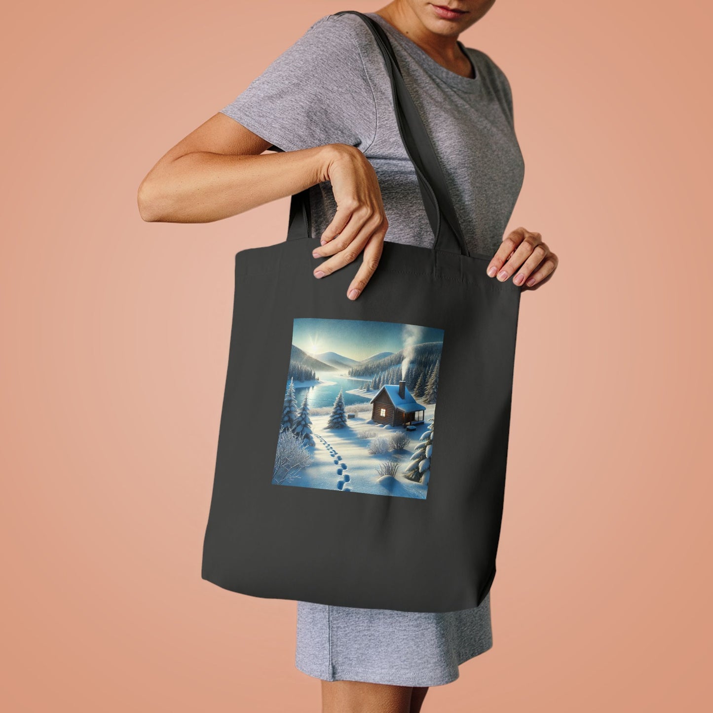 Snowy Cabin Winter Lake Landscape Art Tote Bag