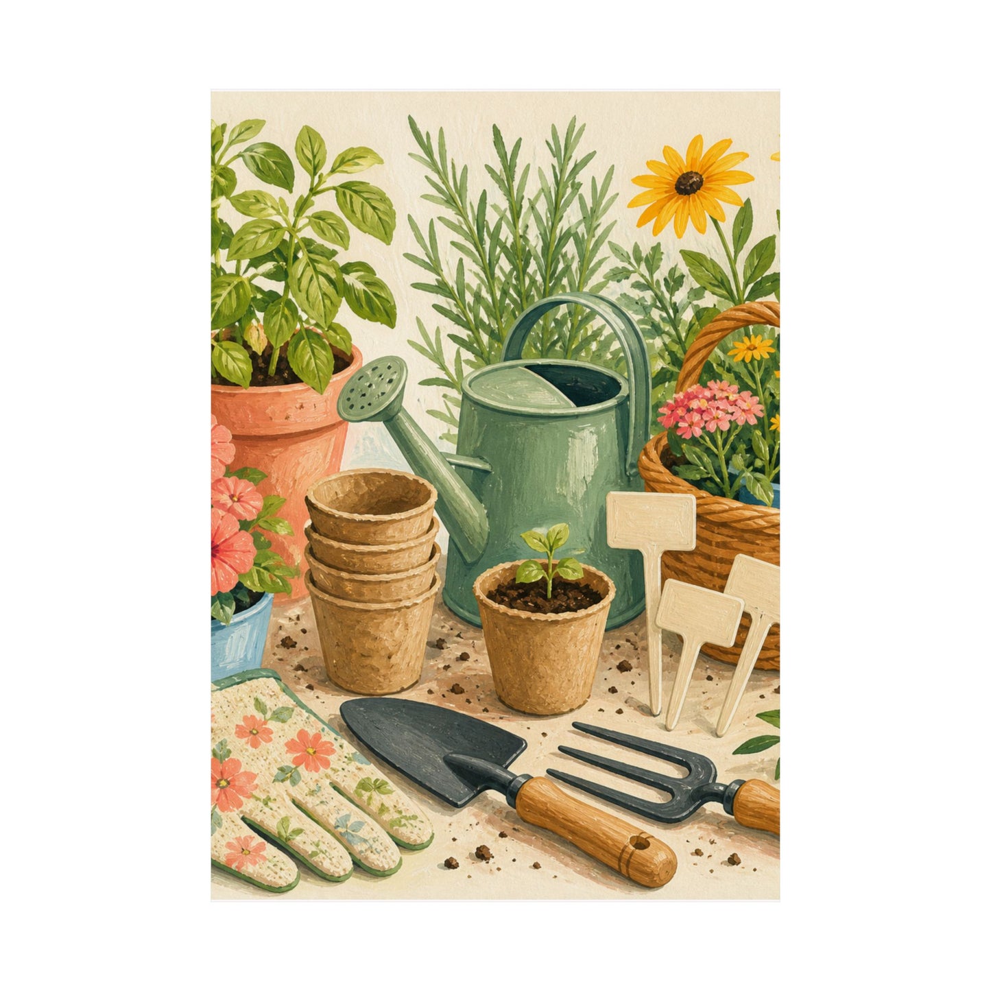 Colorful Gardening Tools and Flowers Hobby Poster