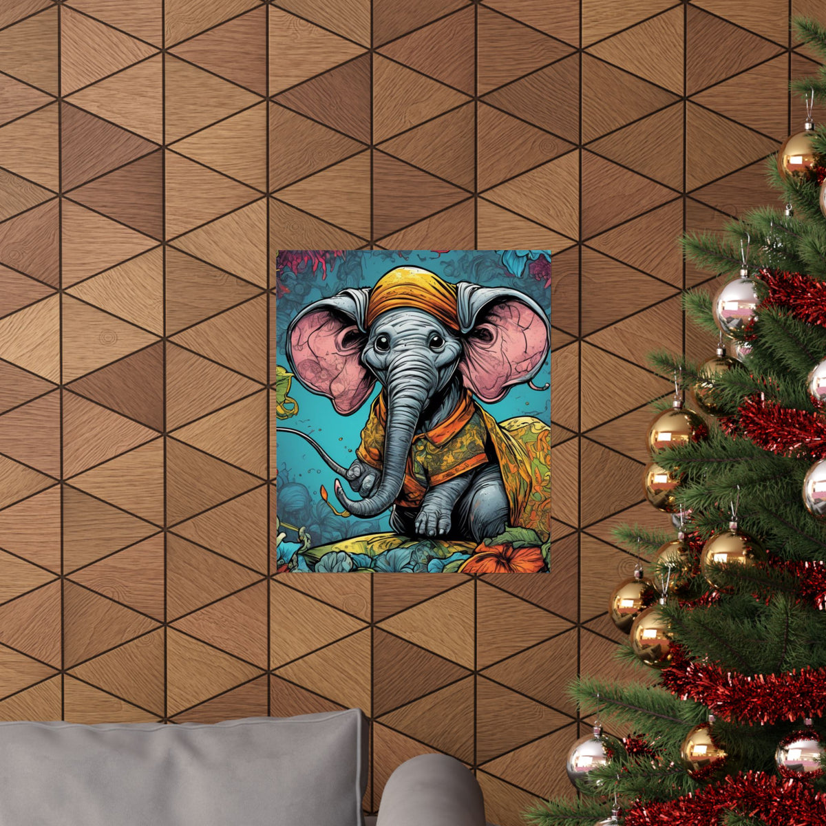 Colorful Storybook Elephant Floral Garden Wall Art Poster